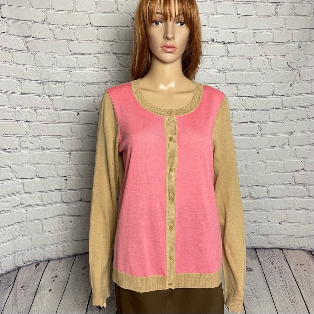NWT New $99 Talbots Pure Italian Wool Colorblock Cardigan Beige Pink Size L